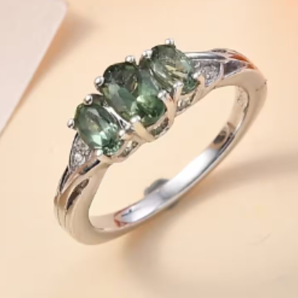 Andranomaro Green Apatite and White Zircon Trilogy Ring